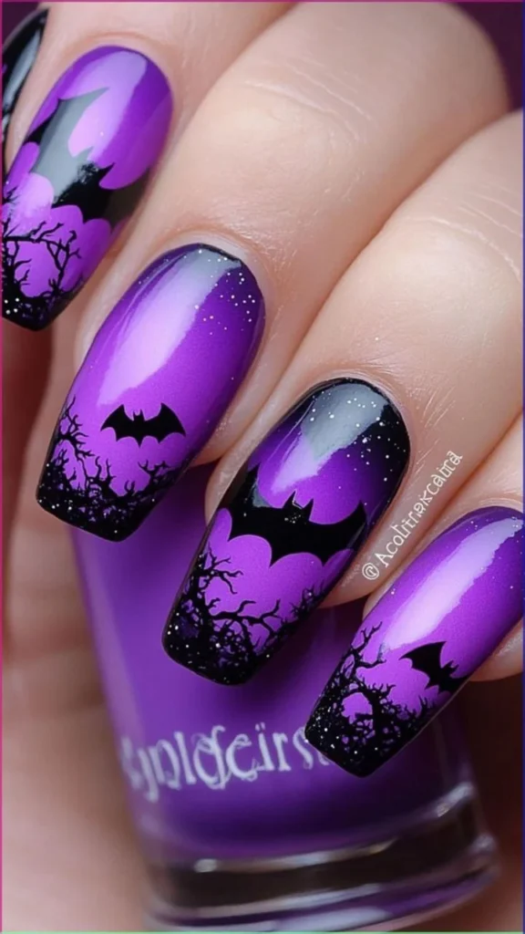 Bright Gothic Halloween Nail designs with bats