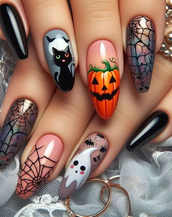 Pumpkin manicure with ghosts