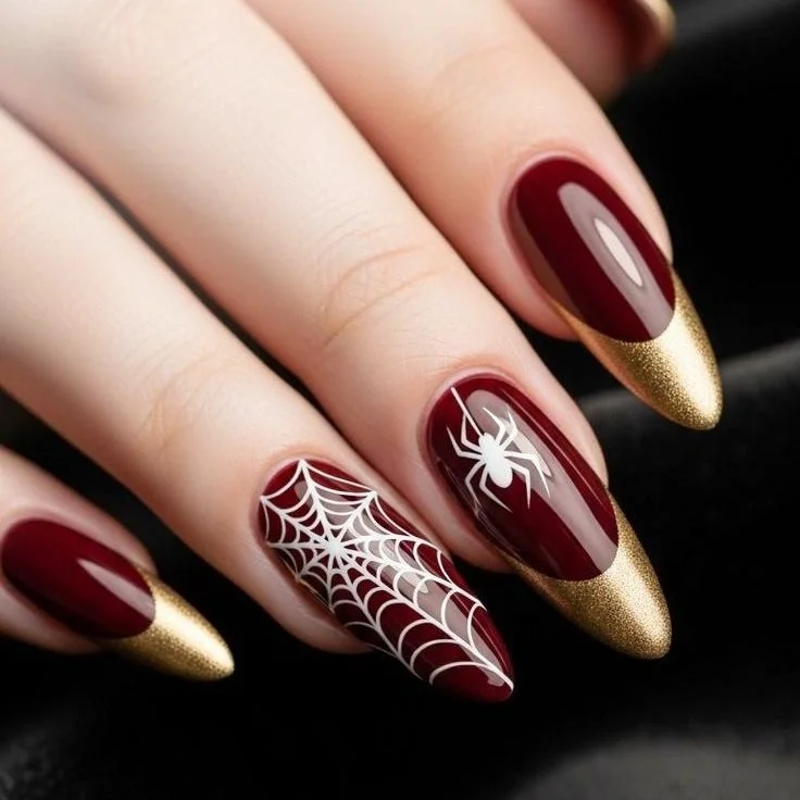 Halloween Red French Manicure with Spider and Spider Web
