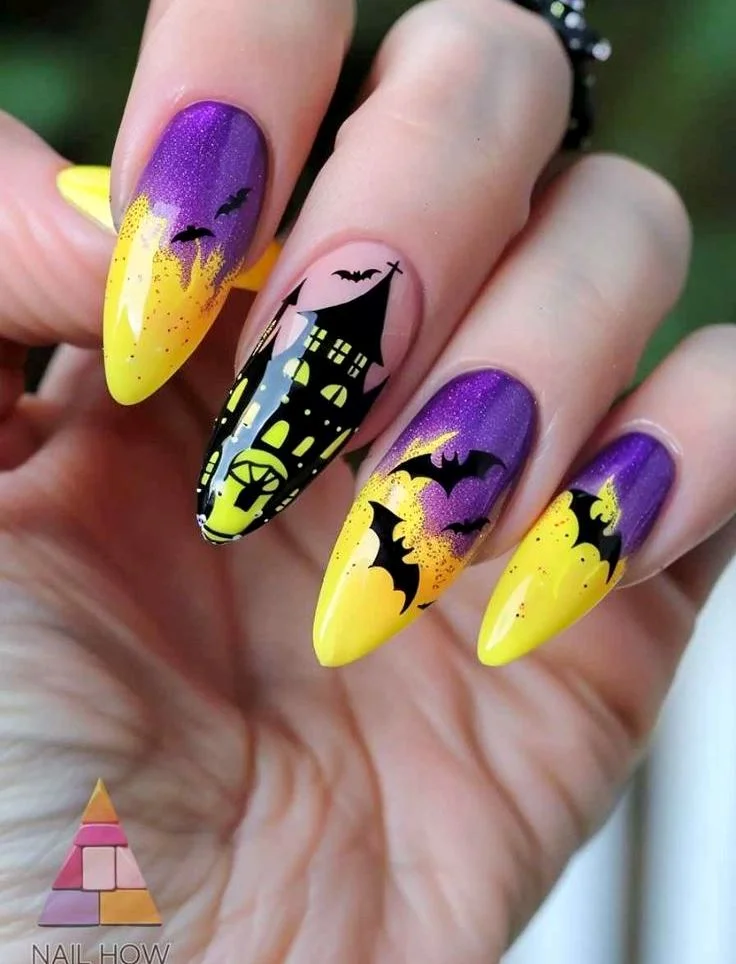 Bright Halloween Nail Designs with bats
