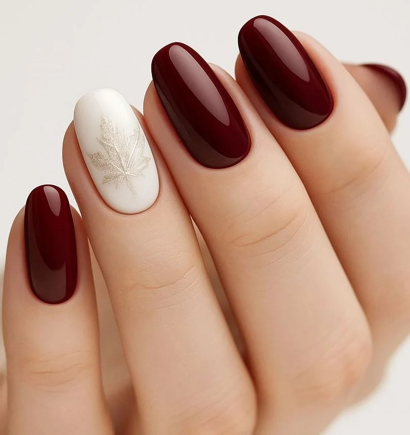 Maroon November Nails with leaf