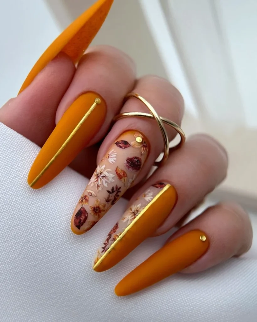 Orange November Nails with Flowers