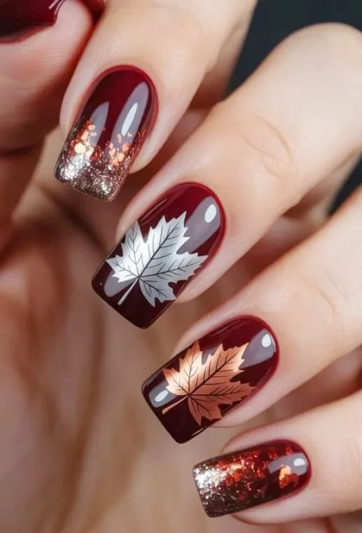 Dark Red November Manicure with Glitter