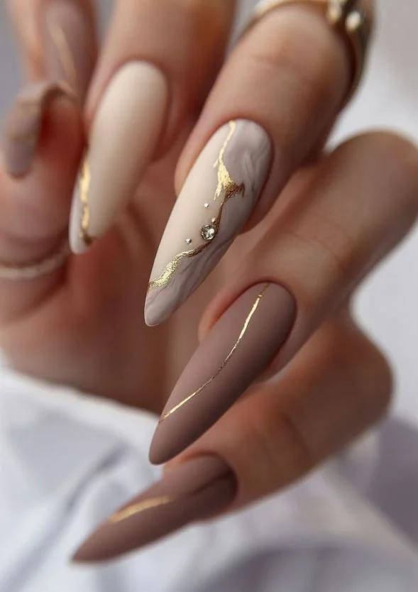 Stylish Long Matte Manicure with Foil