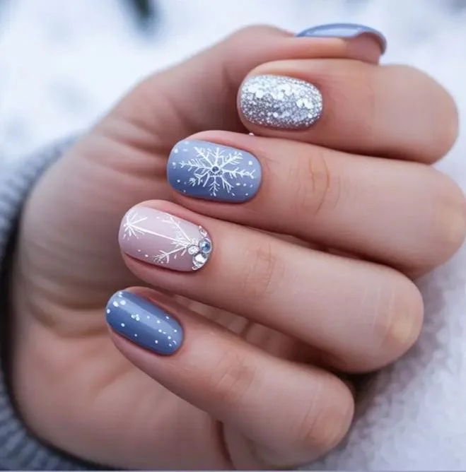 December Nails with snowflakes and glitter