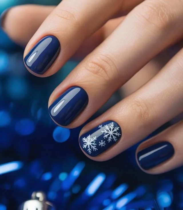 Dark blue december nails with snowflakes
