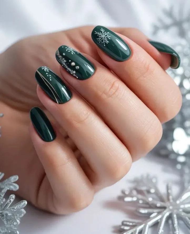 Green December Nails with snowflakes