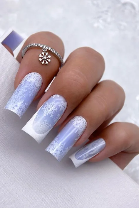 Icy Blue Xmas manicure with snowflakes and french tips