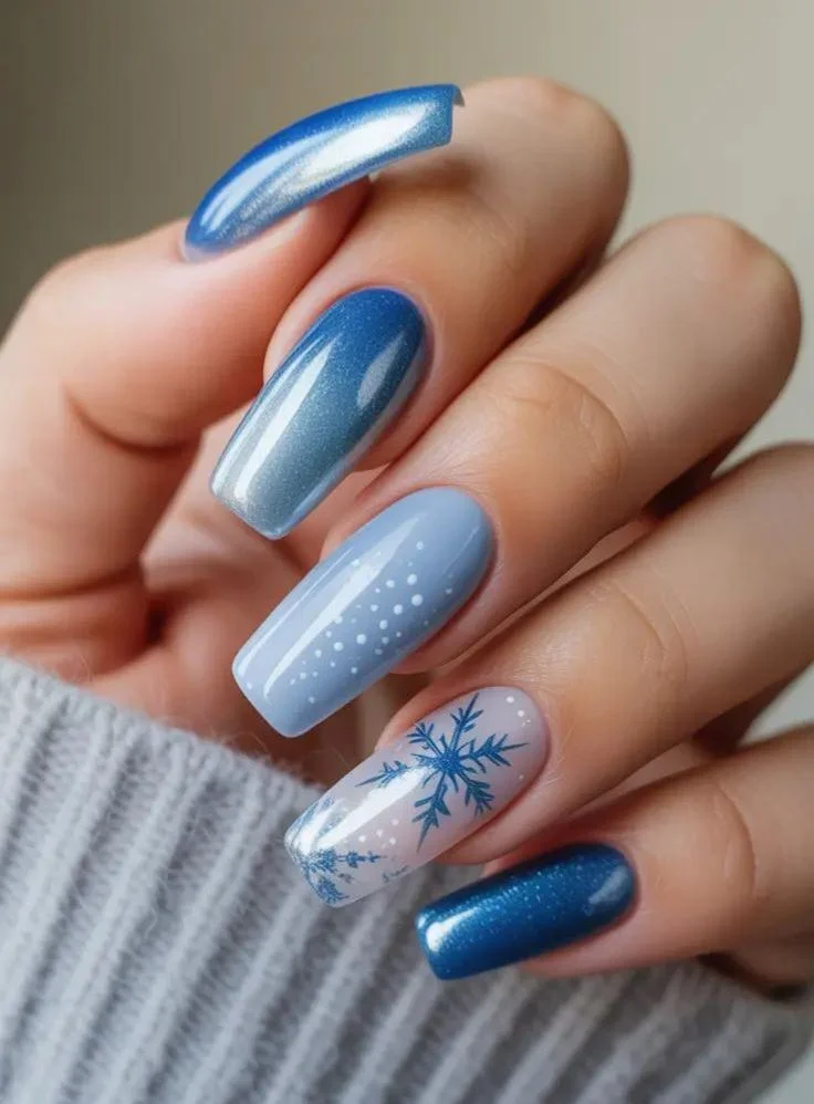 Long square blue holiday nail design for christmas party