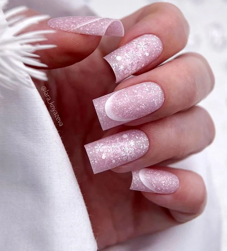 Ple pink french tips with winter glitter