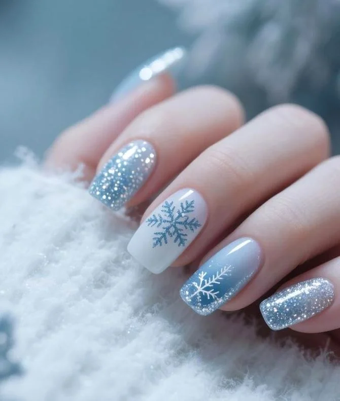 Icy Blue Christmas Nail art with snowflakes and glitter