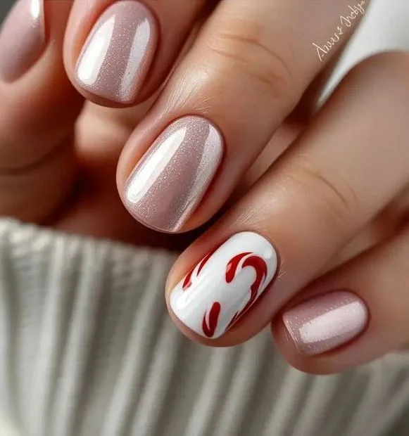 Short Minimalist Christmas Nails with candy stick