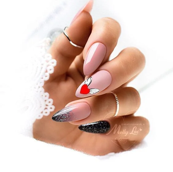 Valentine nails with glitter accent