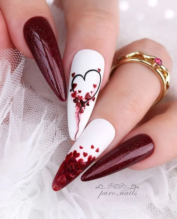 Valentine manicure on almond shape nails