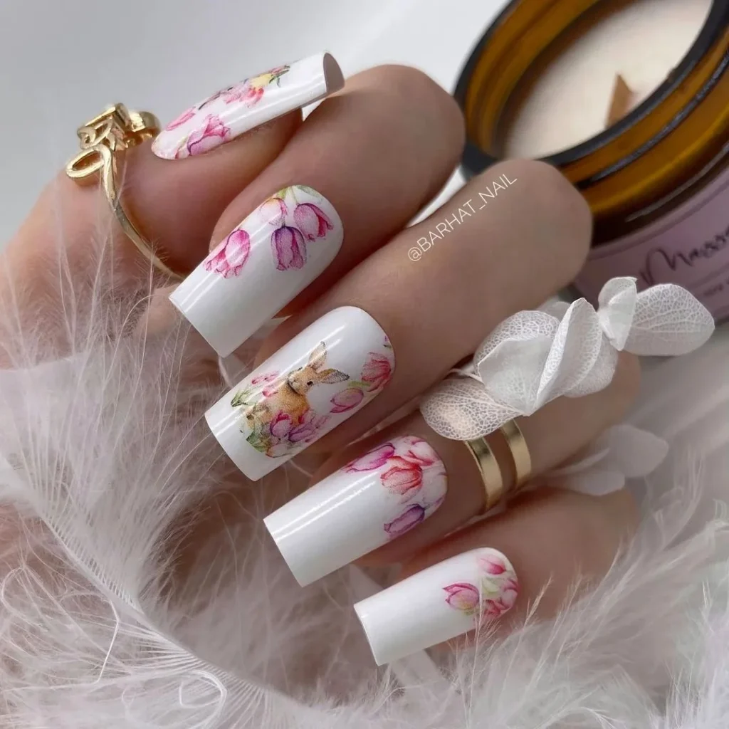 White Floral Spring Nail Art with Bunny