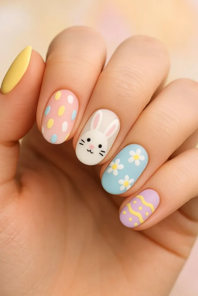 Short Easter nail Designs with Bunny, Dots and Flowers