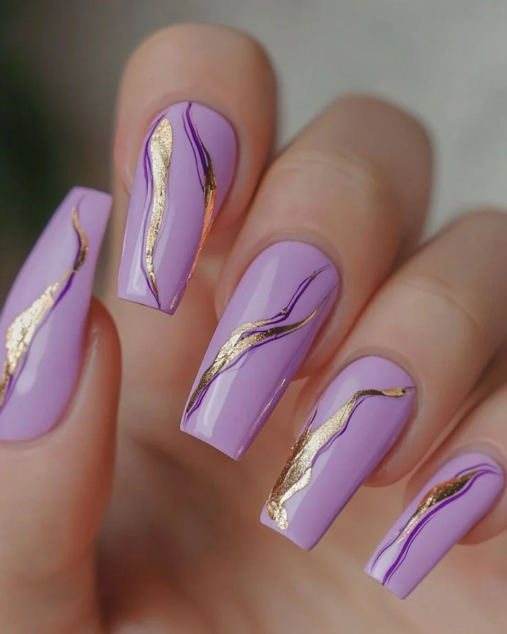 Coffin Lavender Easter Manicure with Golden Stripes