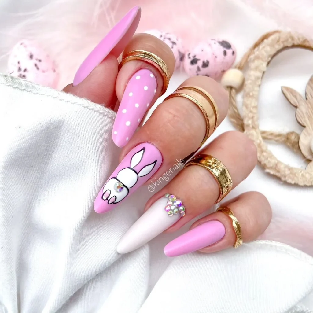 Pink Bunny Easter Nail Designs with Stones and Dots