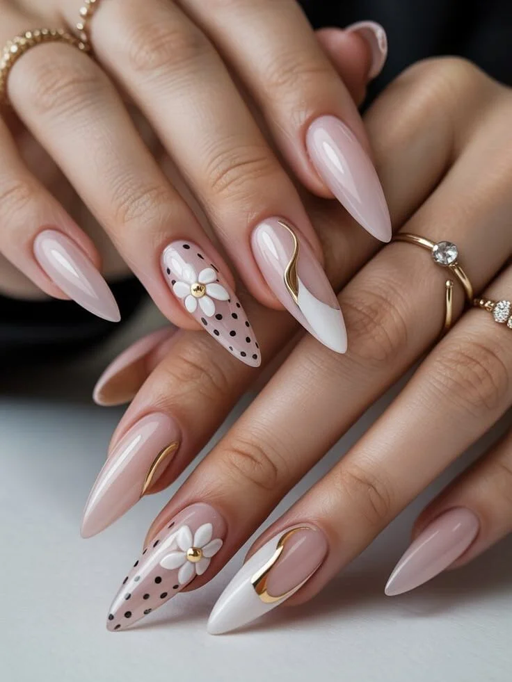 Pastel Easter Nail Design with Dots and Gold