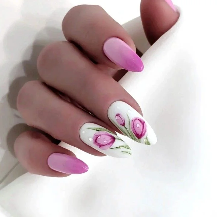 Pink Floral Easter Manicure Ideas with Tulips