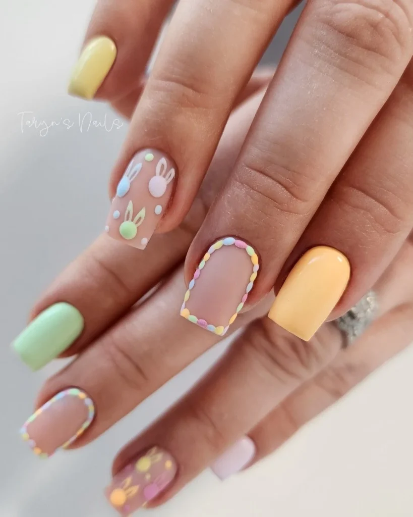 Short Easter Nail Designs with Bunnies and Dots