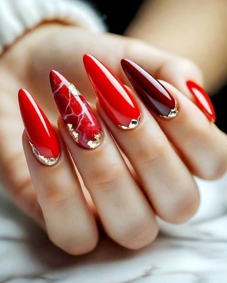 Almond Red Nail Designs with golden foil