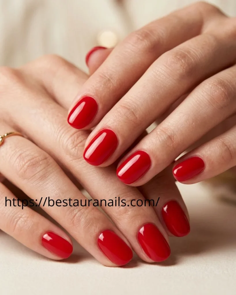 Short Red manicure on oval shape