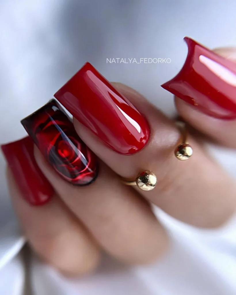 Square red manicure with roses