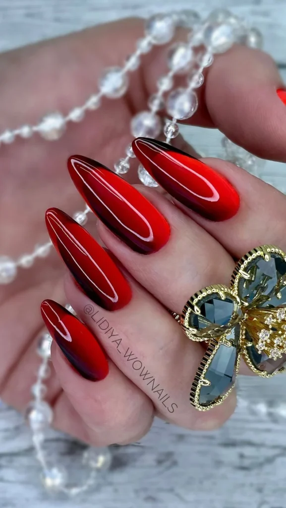 Almond red ombre manicure