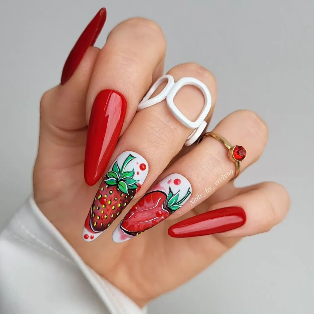 Spring poppy red manicure with srawberries