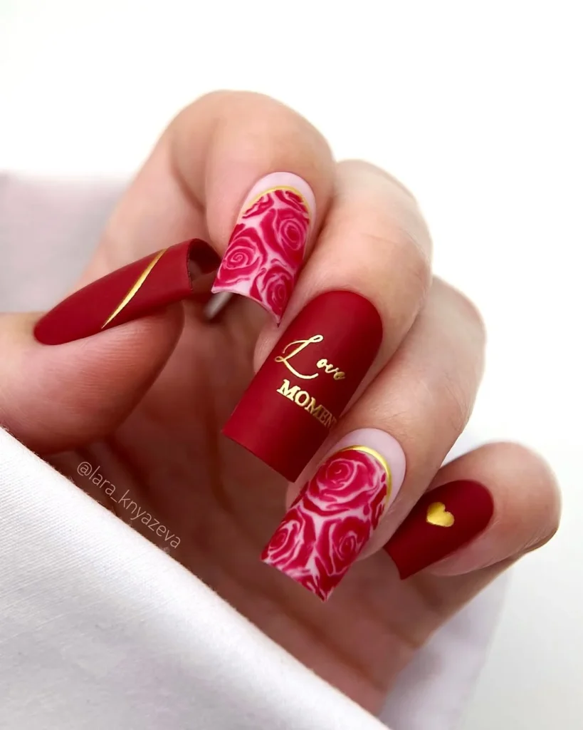 Matte Red Nail Art with sliders and signs