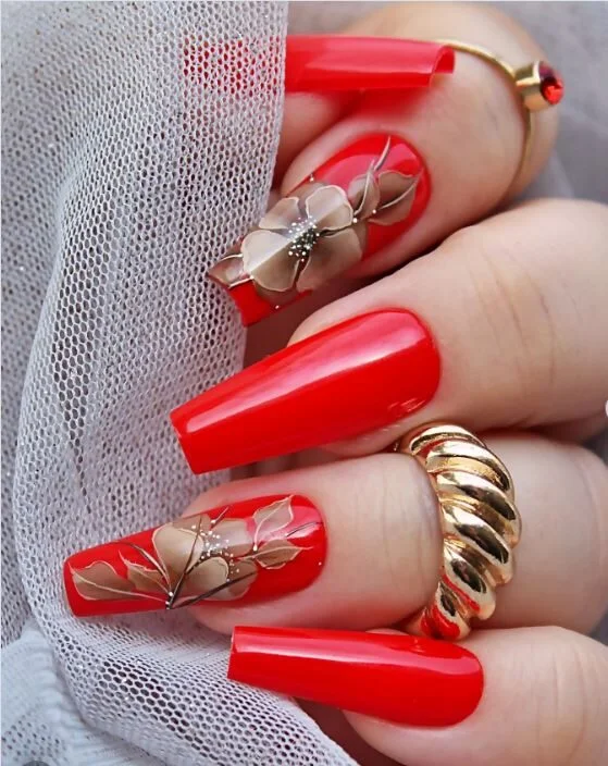 Coffin red manicure with flowers