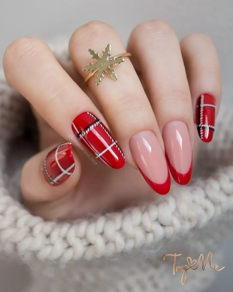Winter Red Nail Art with plaid design