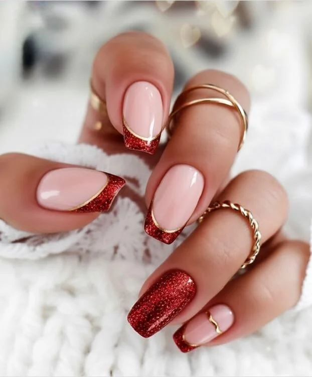 Red French Tips with Golden Stripes