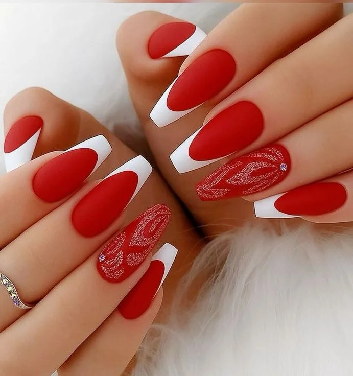Bright Crimson Manicure on coffin nails