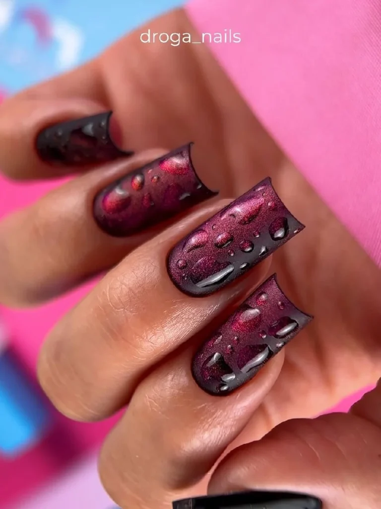 Dark cherry long square nails with drops