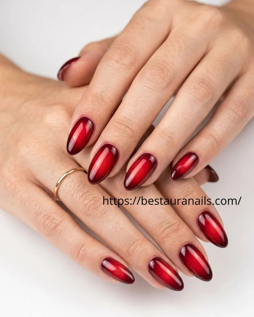 Cherry aura nails on almond shape