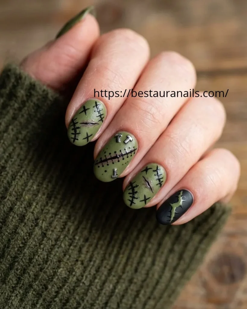 Short Halloween nails with playful googly eye details 