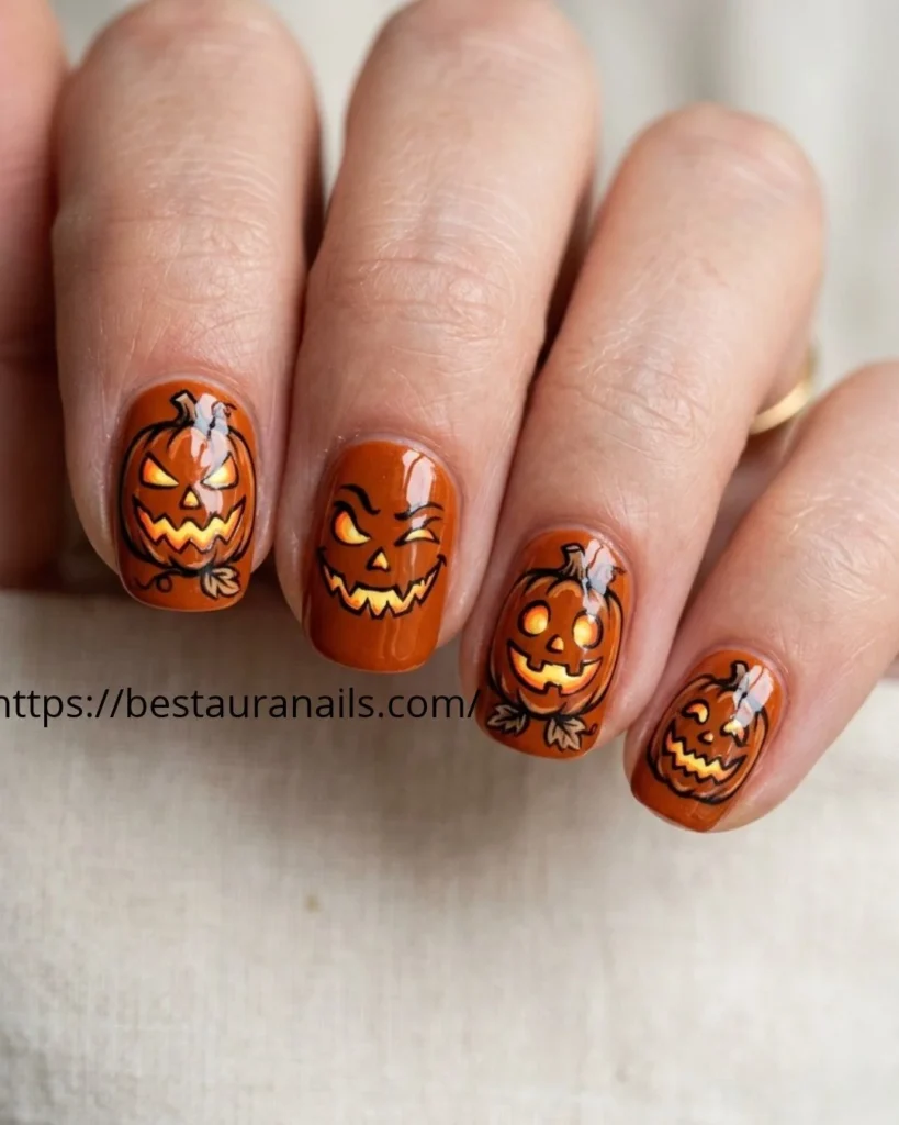Short round Halloween manicure with a pumpkin design 