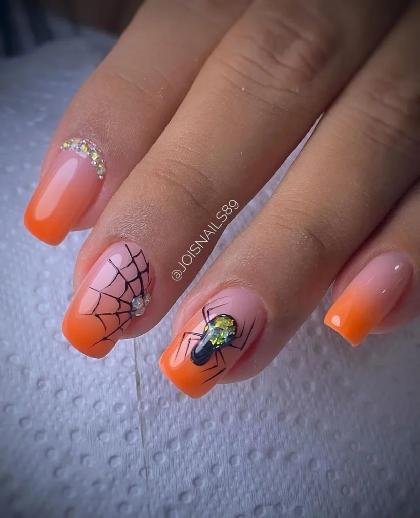 Short Halloween French tips with soiderwebs