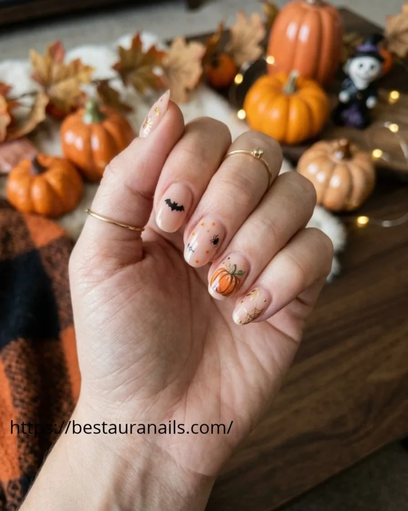 Short almond Halloween nails with bat silhouettes 