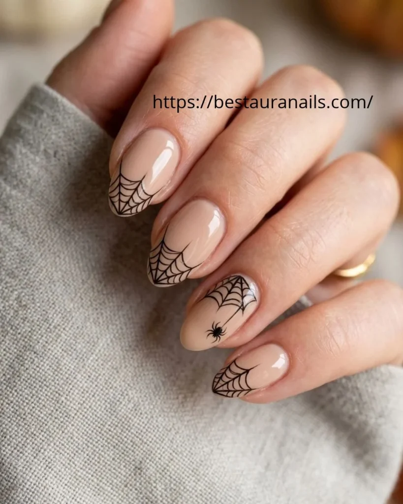 Іhort squoval French tips with spiderweb accents 