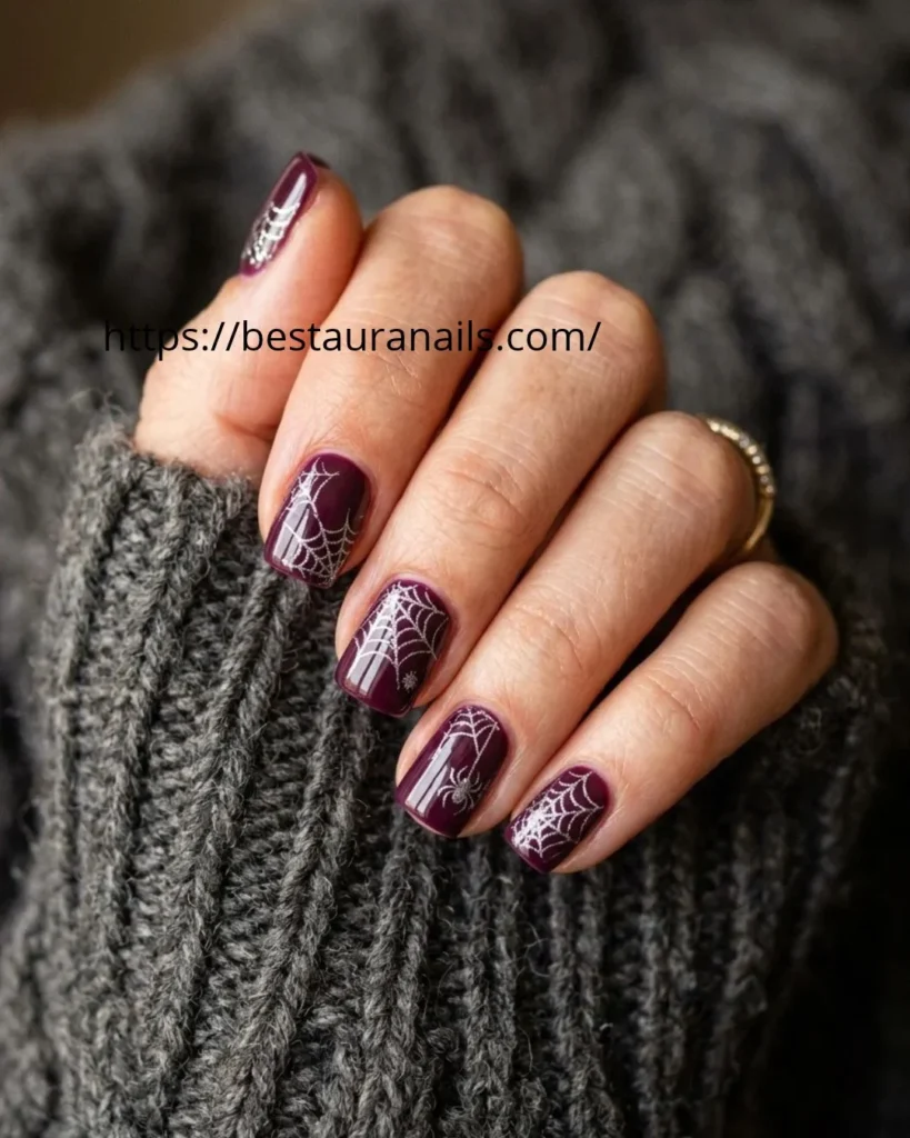 Square Halloween manicure with dark plum and black tones 