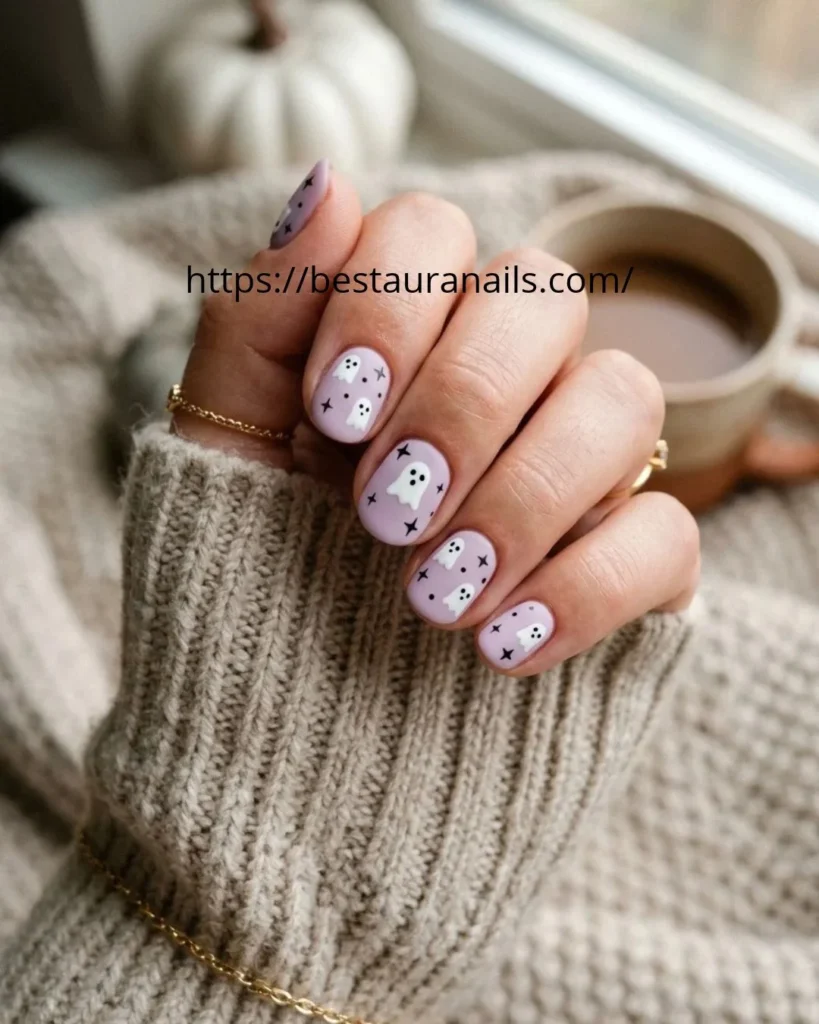 Cute oval Halloween nail design with ghosts 