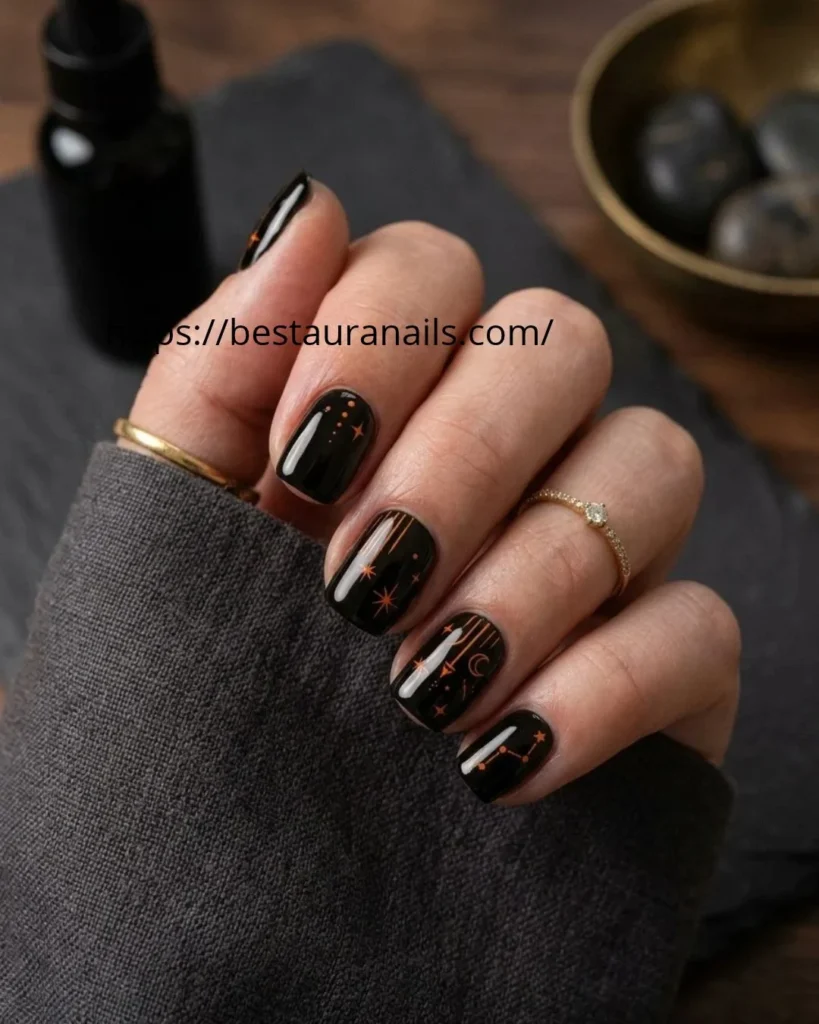Black and orange Halloween nails with tiny black micro-art 