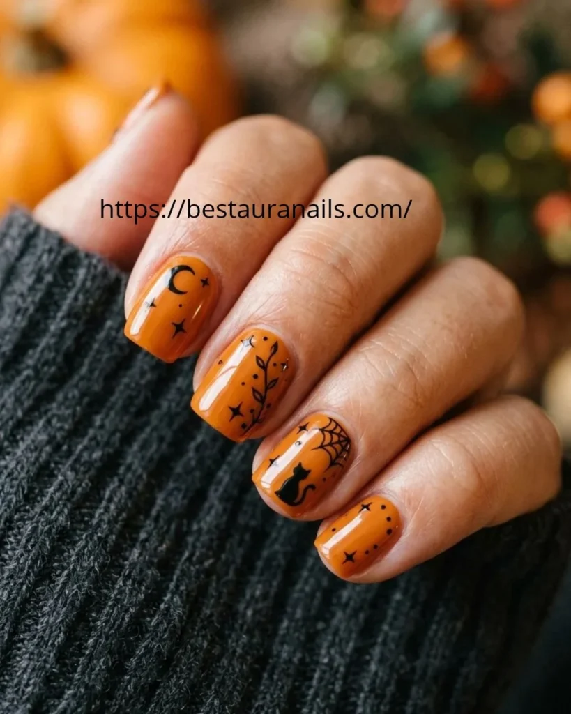 Black and orange Halloween nails with alternating solid colors 