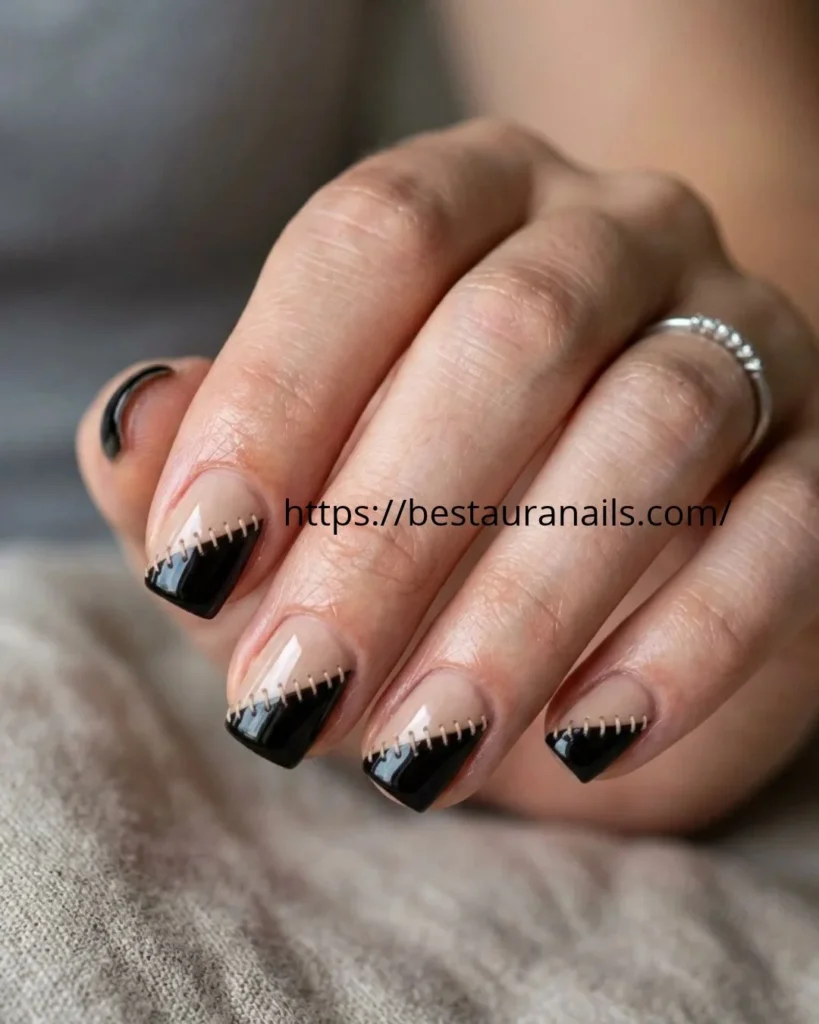 Short square Halloween nails with geometric French tips 