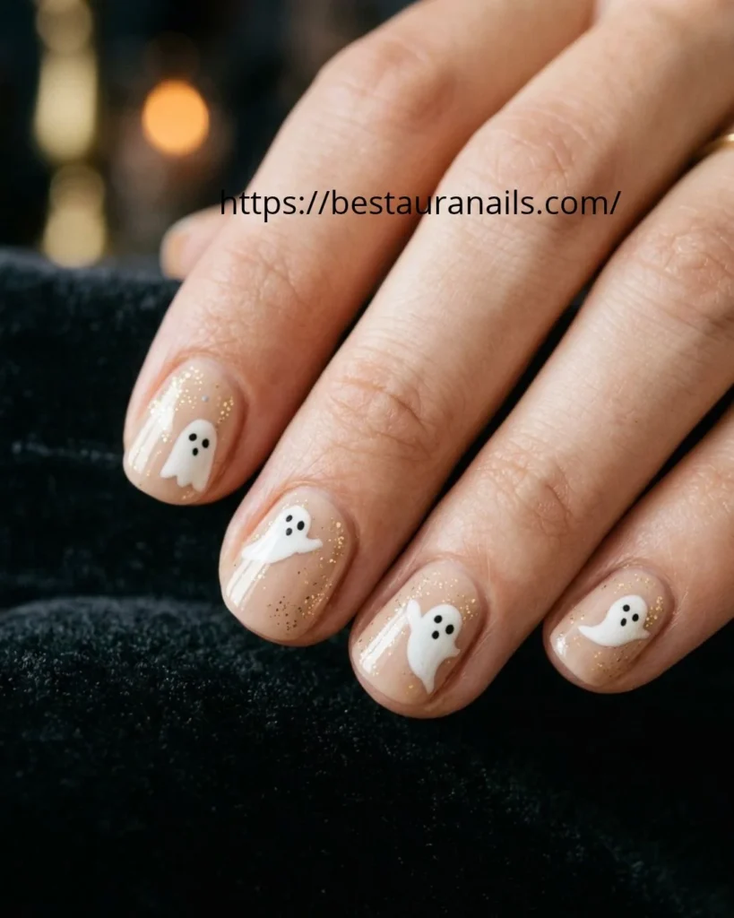 Cute Halloween nail designs for short nails with ghosts 