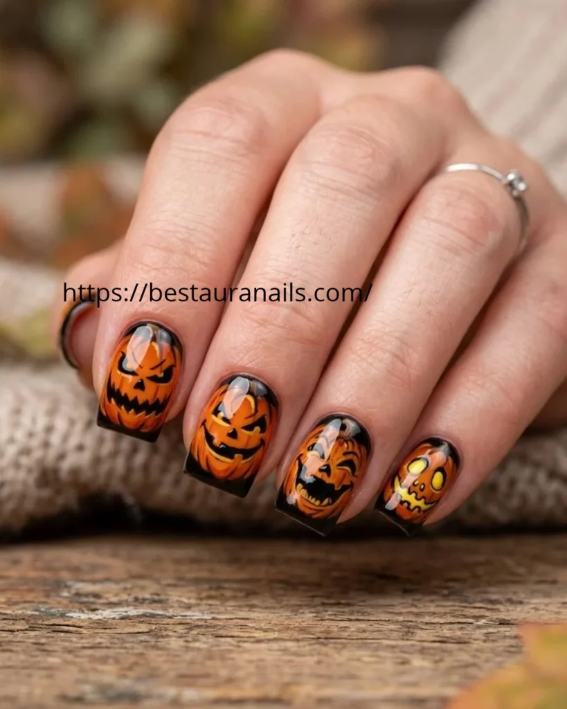 Spooky short Halloween nails with black and white details and jack-o-lantern