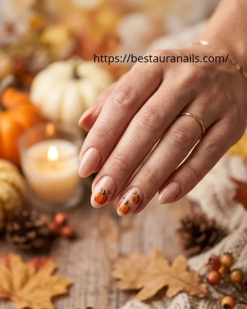 Short Halloween nails with a tiny pumpkin accent on the ring finger 